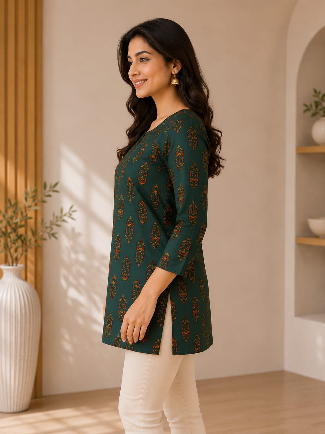 Women’s Dark Green Printed Cotton Kurti - Image 5