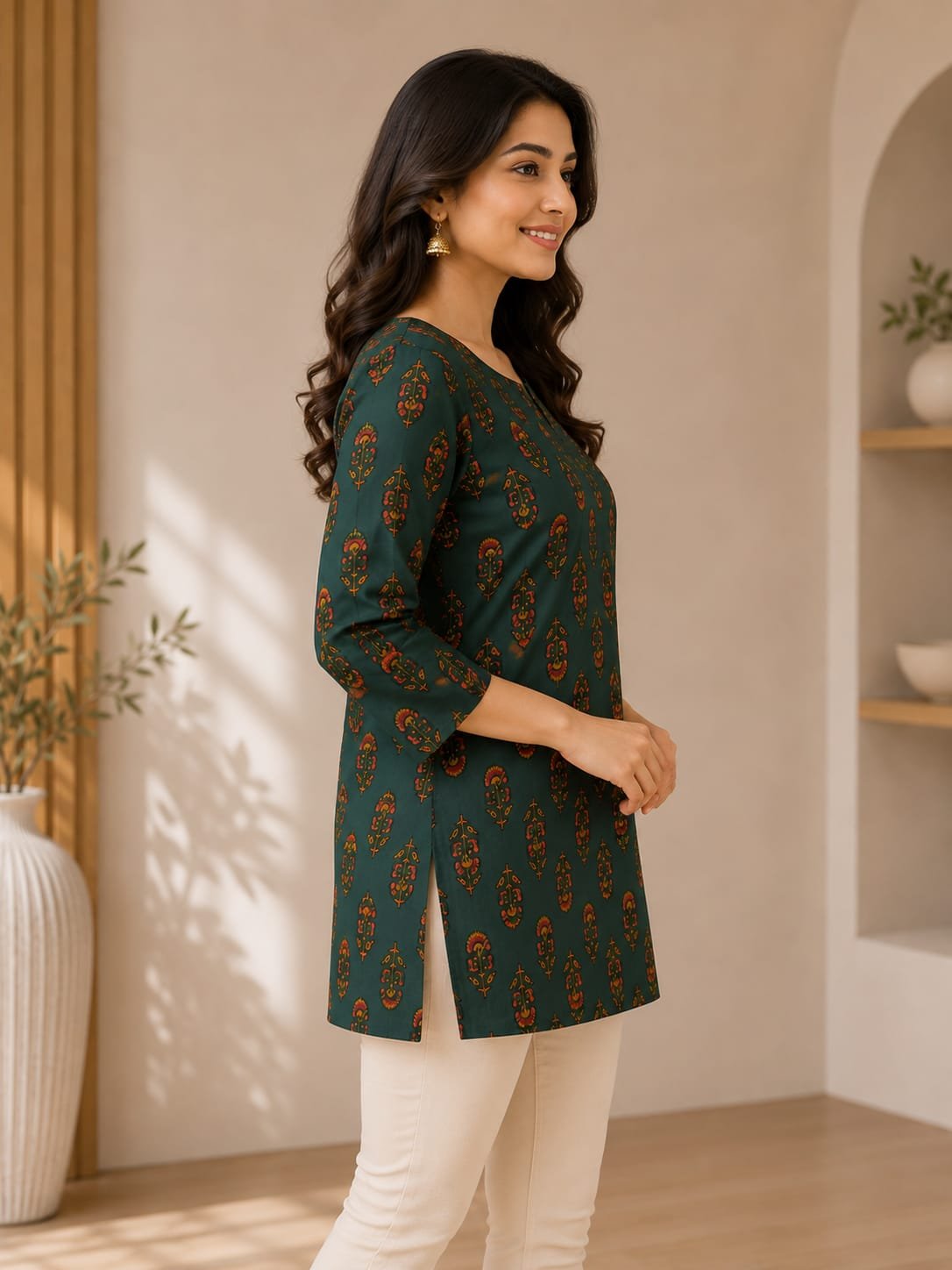 Women’s Dark Green Printed Cotton Kurti - Image 4