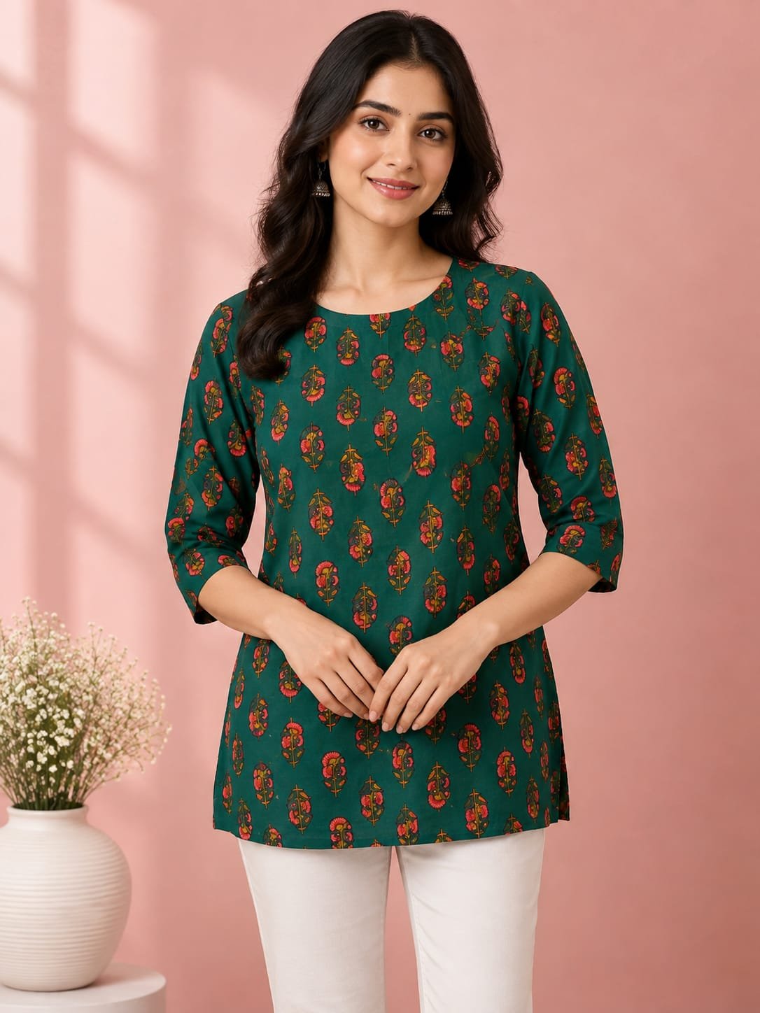 Women’s Dark Green Printed Cotton Kurti