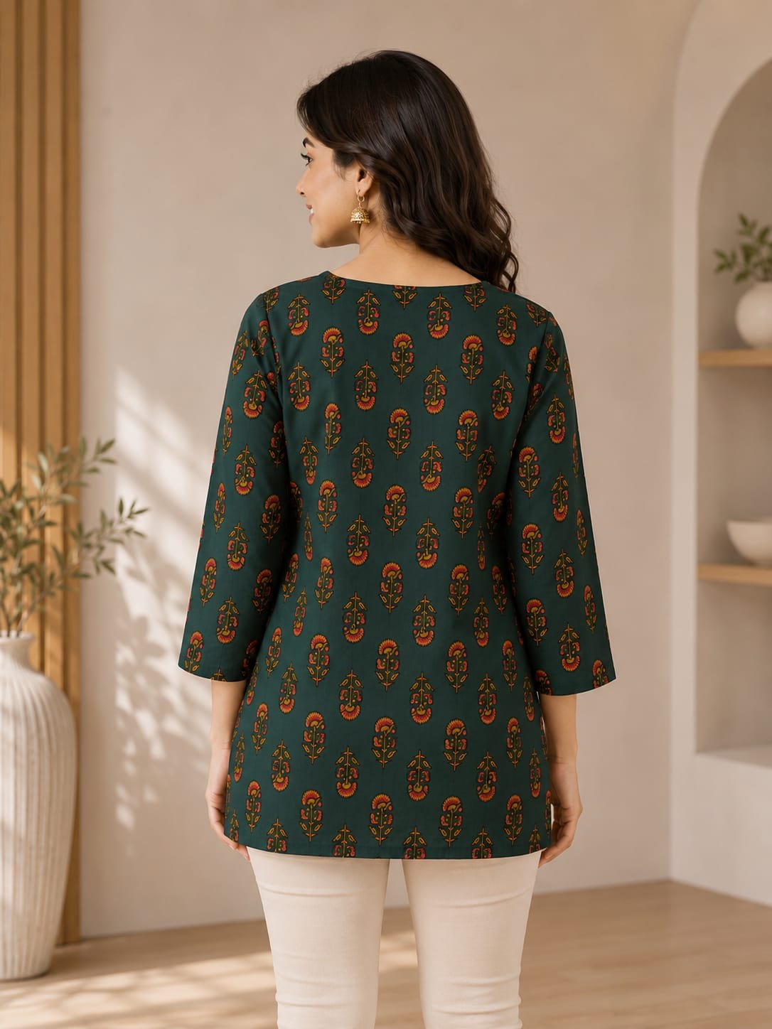Women’s Dark Green Printed Cotton Kurti - Image 2