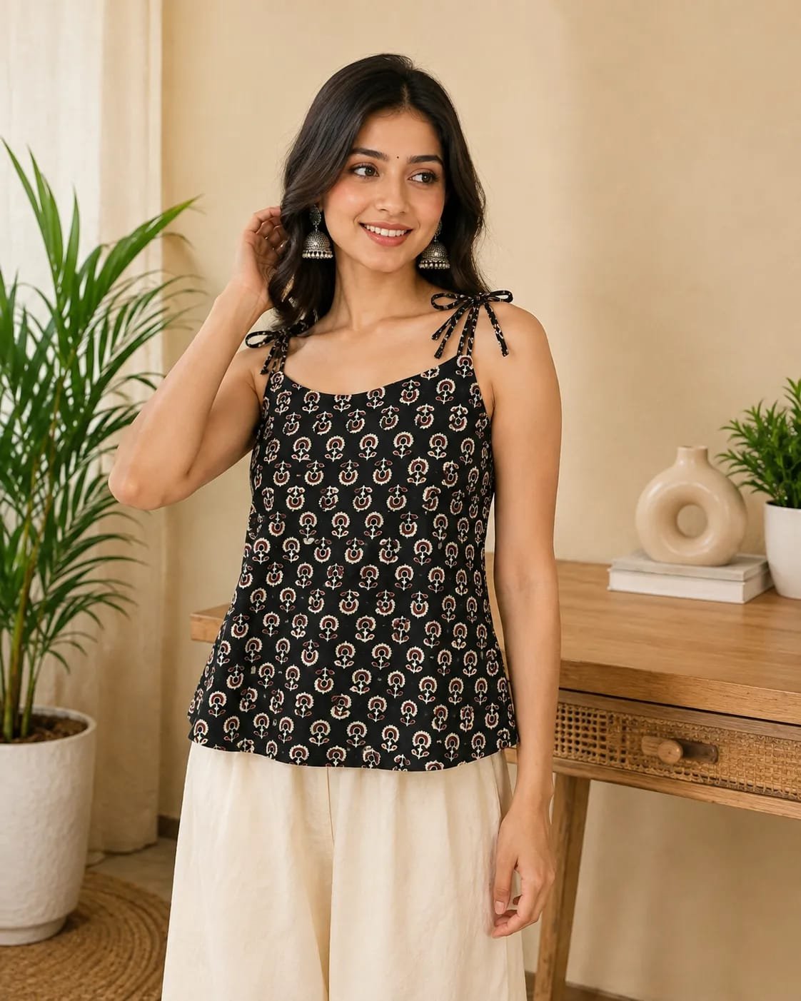 Black Printed Sleeveless Tie-Shoulder Short Kurti for Women