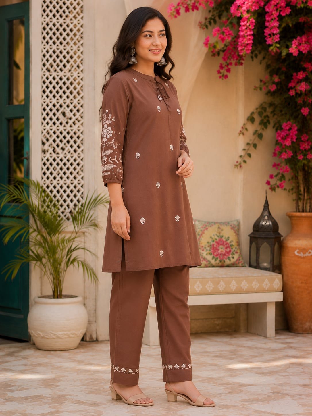 Women’s Brown Embroidered Kurta Pant Set - Image 3