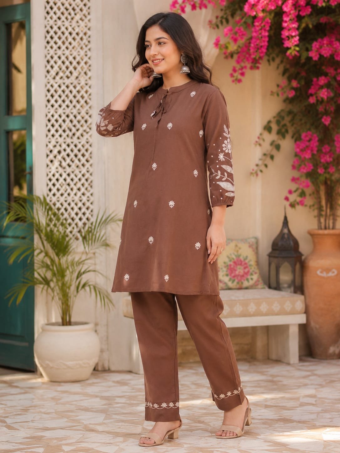 Women’s Brown Embroidered Kurta Pant Set