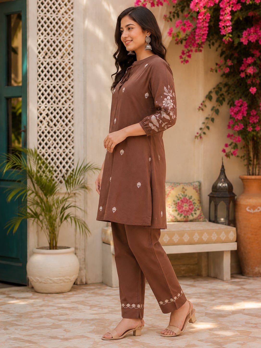 Women’s Brown Embroidered Kurta Pant Set - Image 4