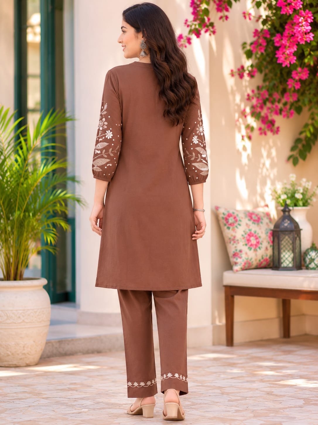 Women’s Brown Embroidered Kurta Pant Set - Image 2