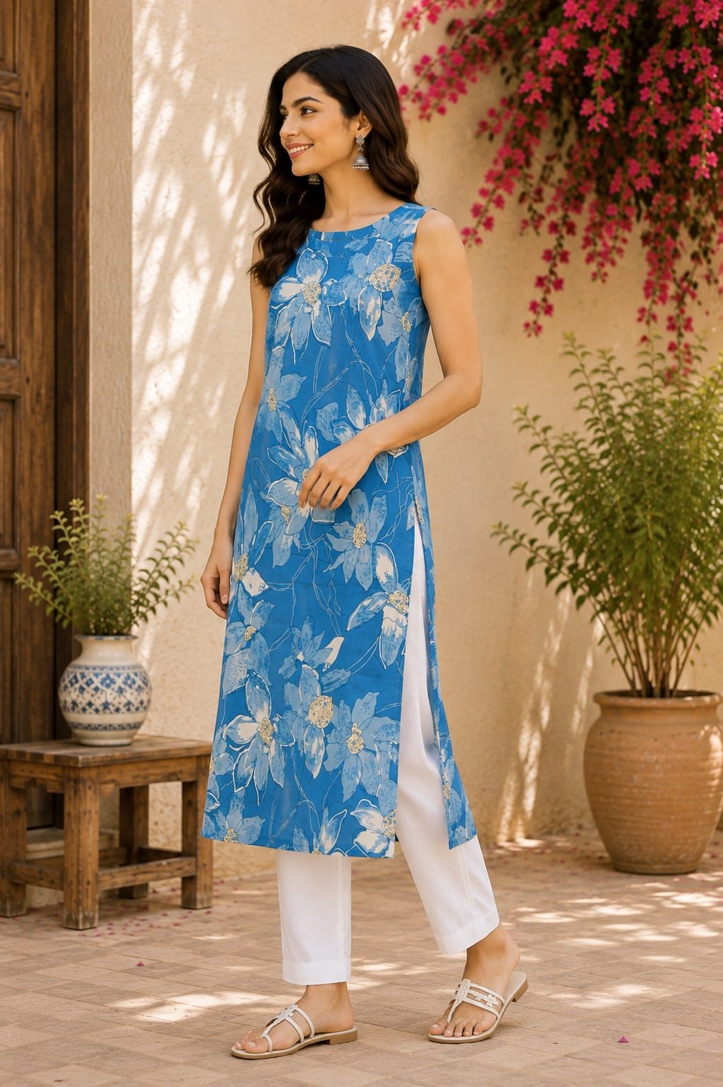 Sky Blue Floral Print Sleeveless Short Kurti for Women