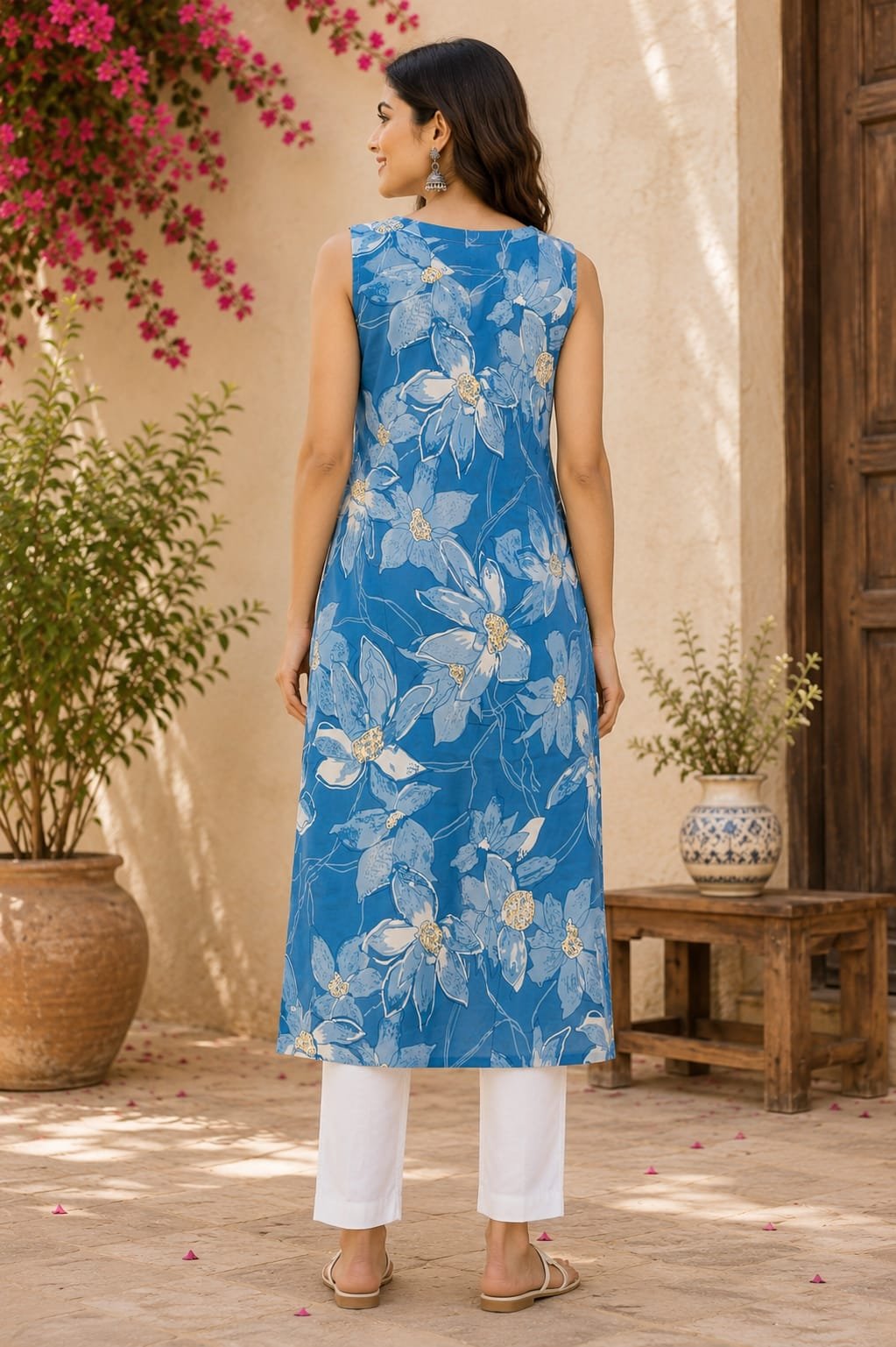Sky Blue Floral Print Sleeveless Short Kurti for Women - Image 5