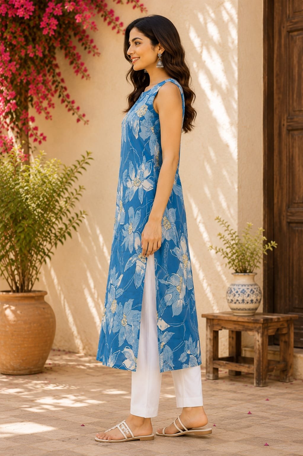 Sky Blue Floral Print Sleeveless Short Kurti for Women - Image 4