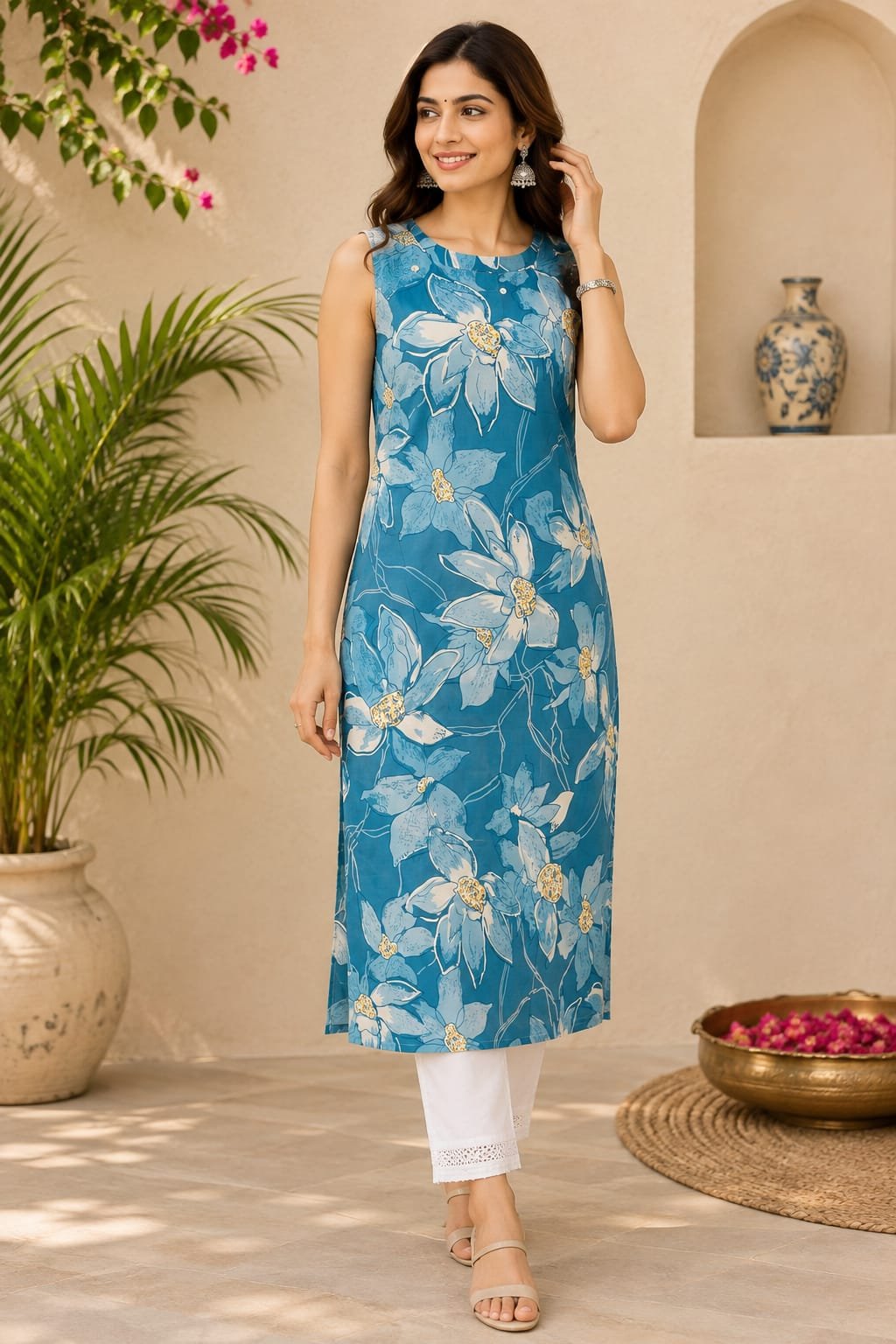 Sky Blue Floral Print Sleeveless Short Kurti for Women - Image 3