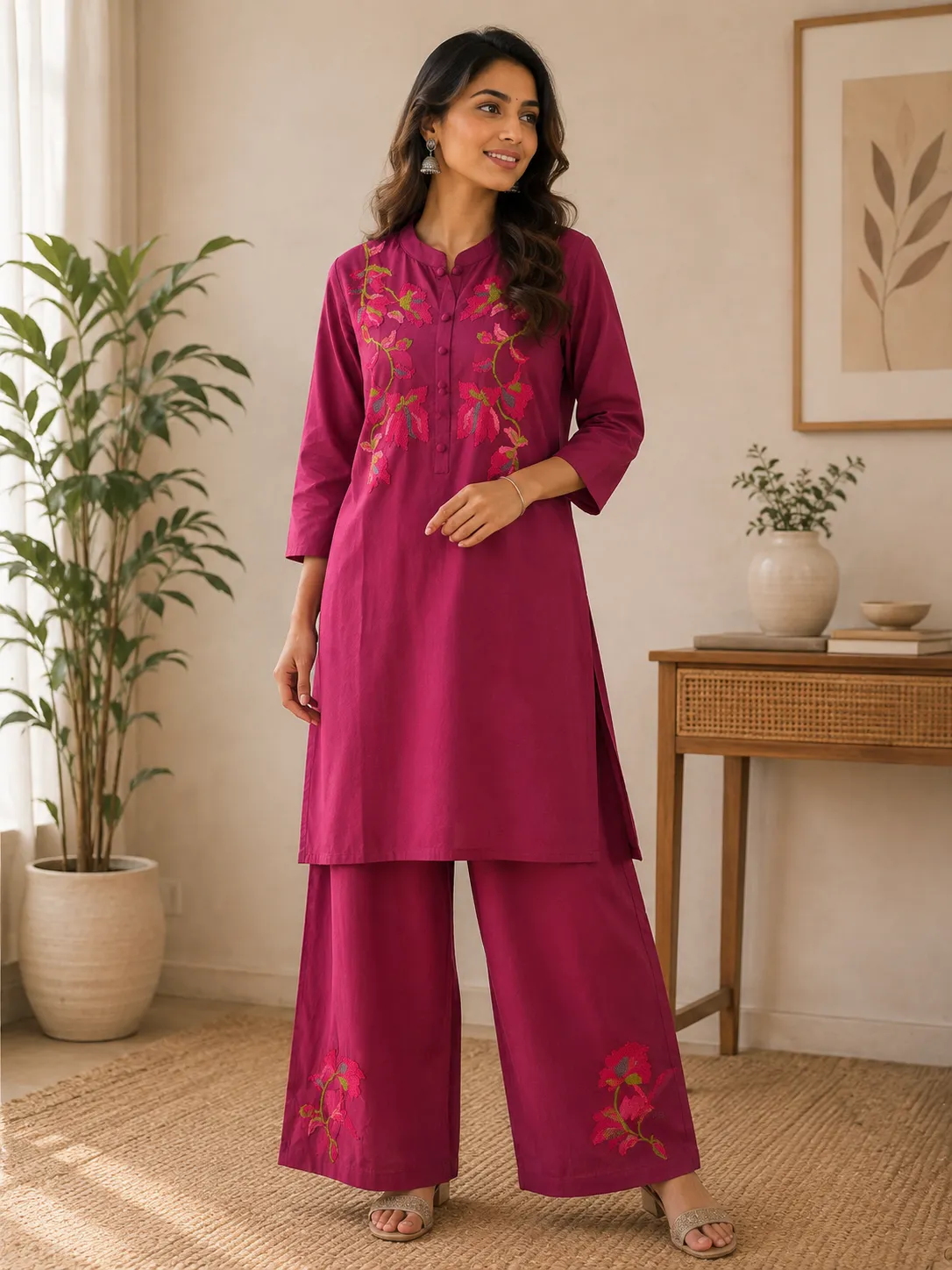 Wine Pink Embroidered Kurta Palazzo Set for Women