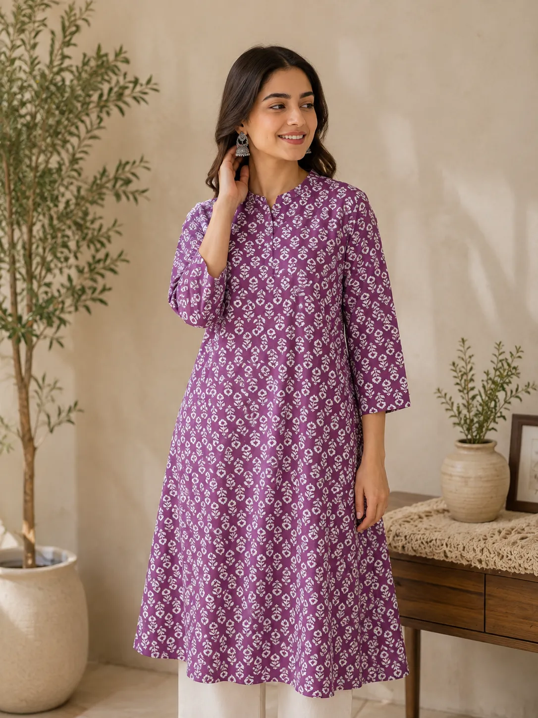 Women’s Purple Printed Cotton Straight Kurti
