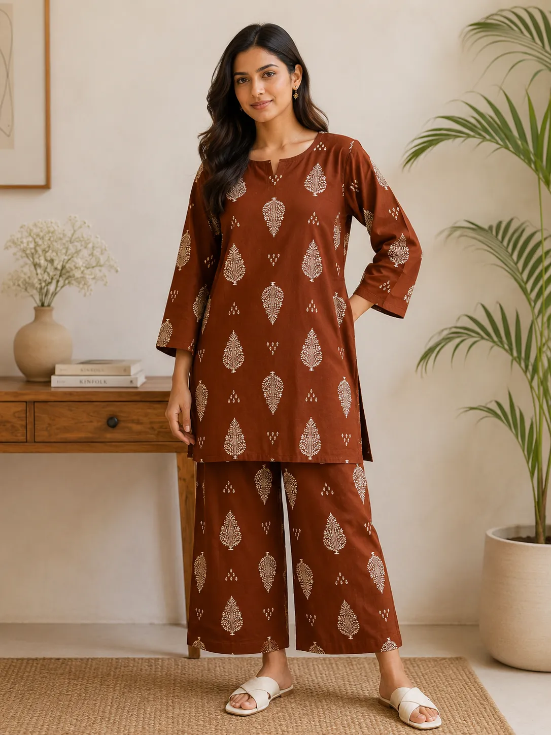 Women’s Brown Printed Kurta Palazzo Set