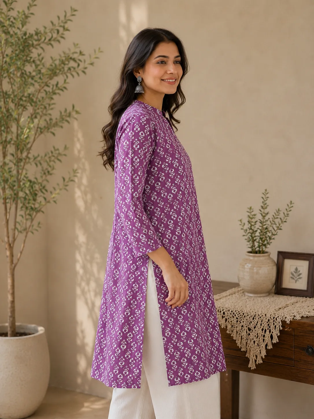 Women’s Purple Printed Cotton Straight Kurti - Image 3