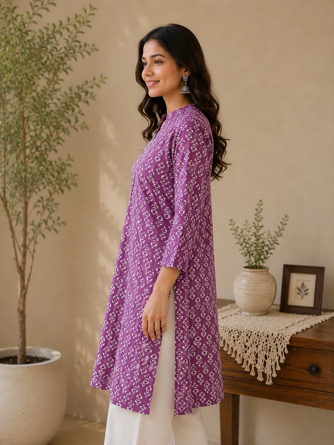Women’s Purple Printed Cotton Straight Kurti - Image 2
