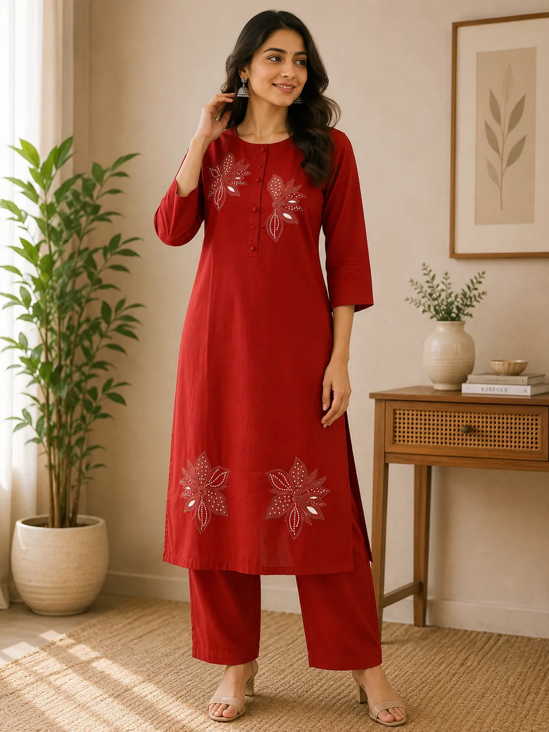 Red Floral Embroidered Kurta Pant Set for Women