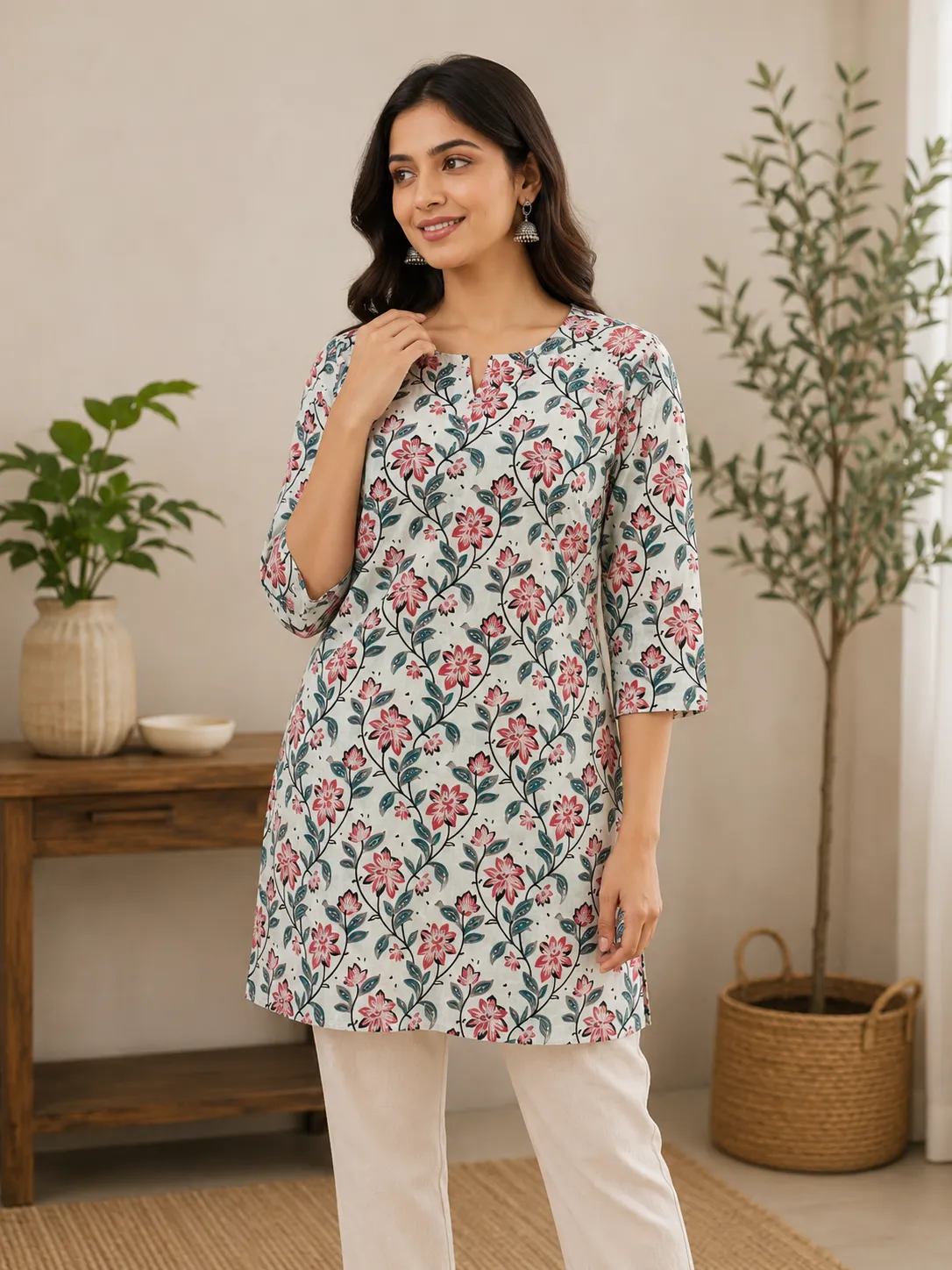 Women’s White Floral Printed Cotton Kurti