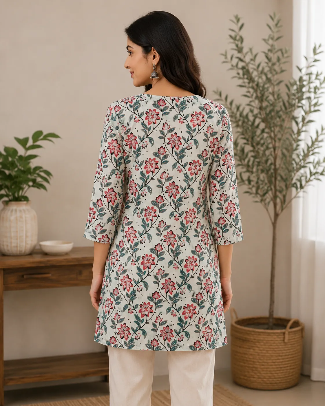 Women’s White Floral Printed Cotton Kurti - Image 4