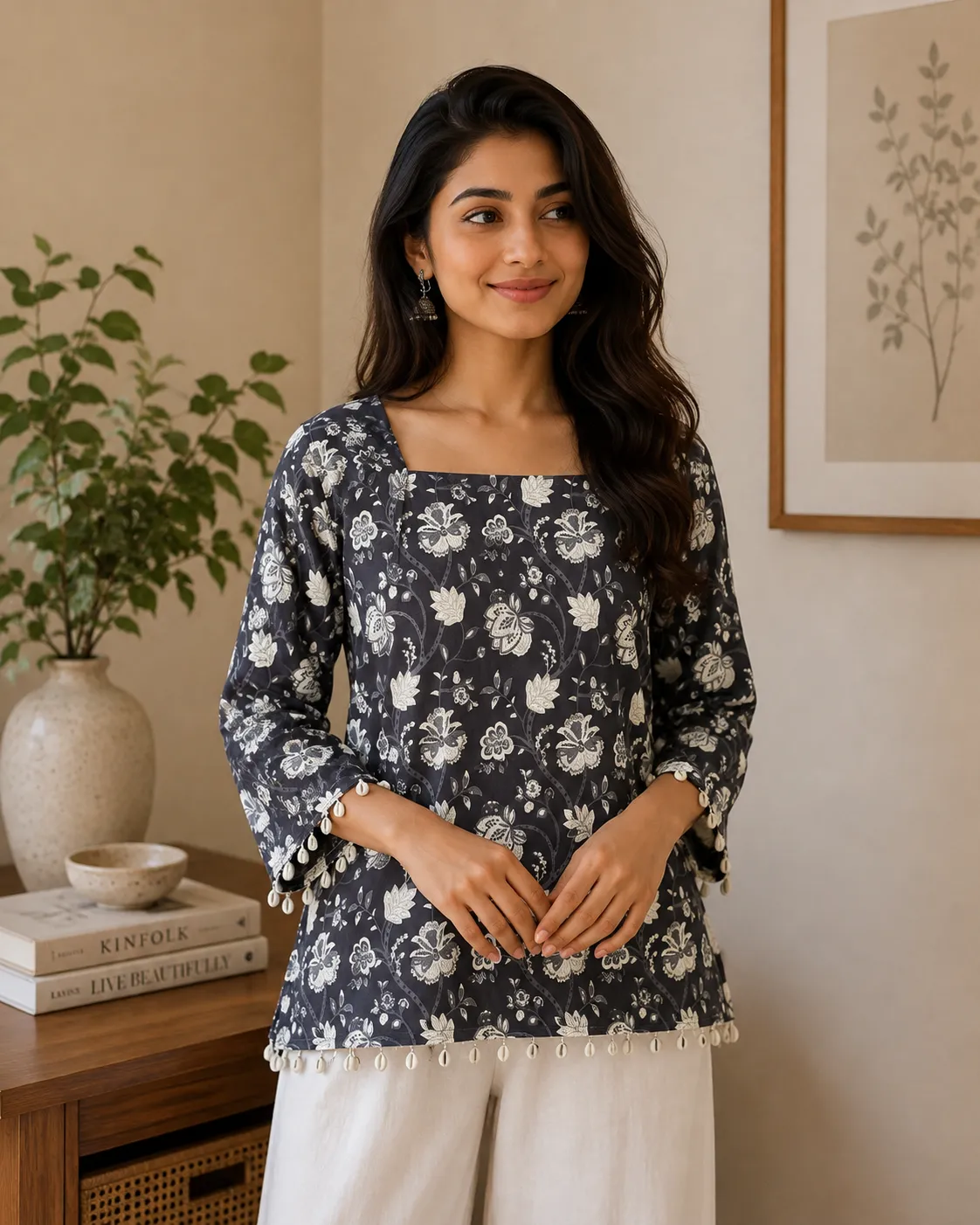 Charcoal Grey Floral Print Square Neck Short Kurti for Women