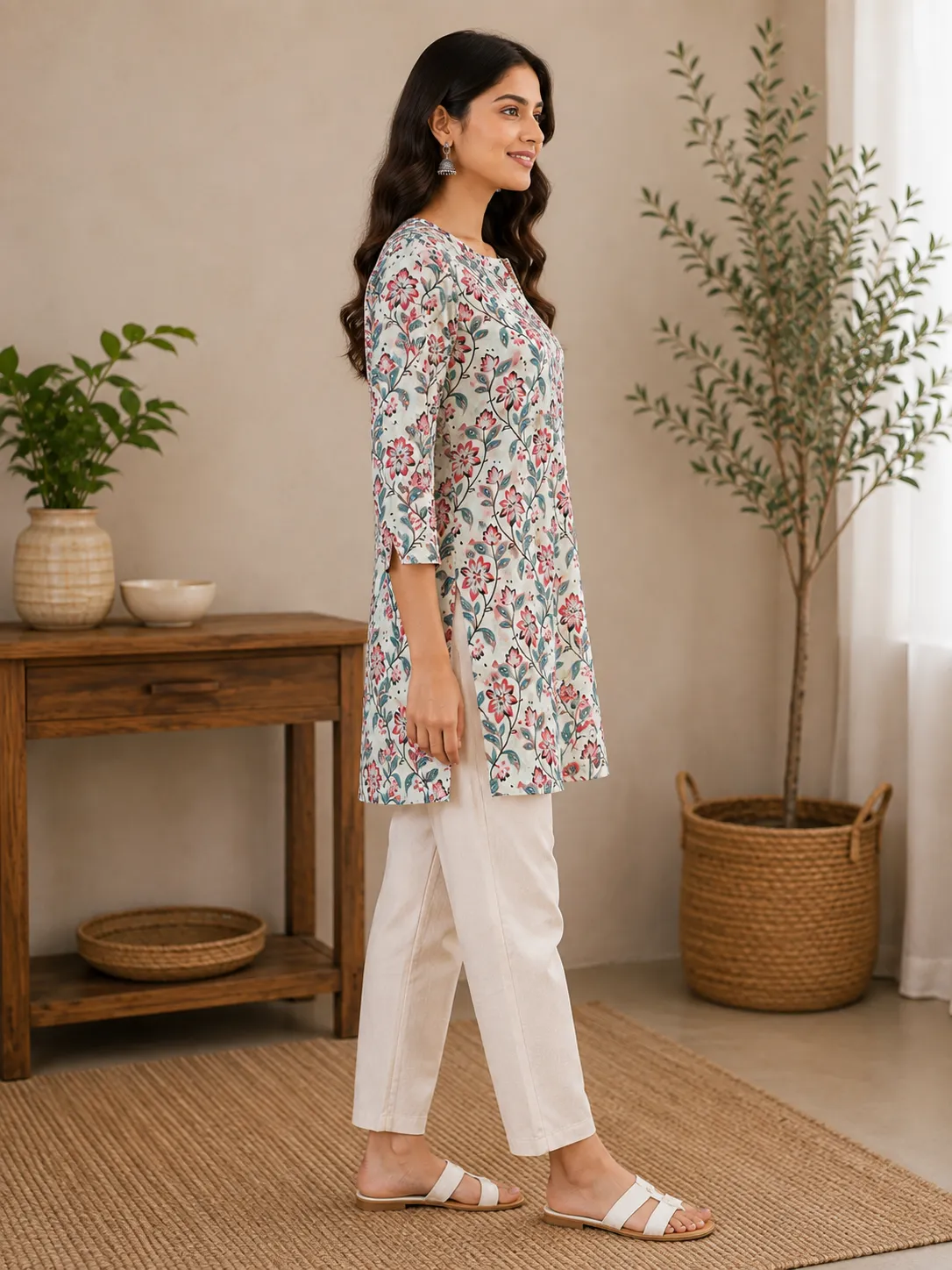Women’s White Floral Printed Cotton Kurti - Image 2
