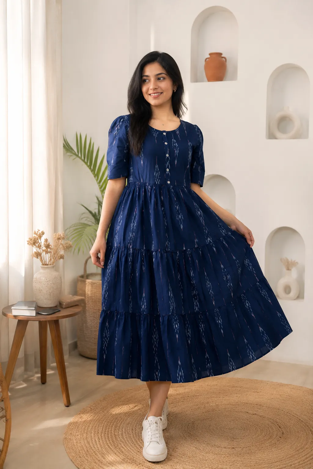 Women’s Navy Blue Printed Tiered Midi Dress