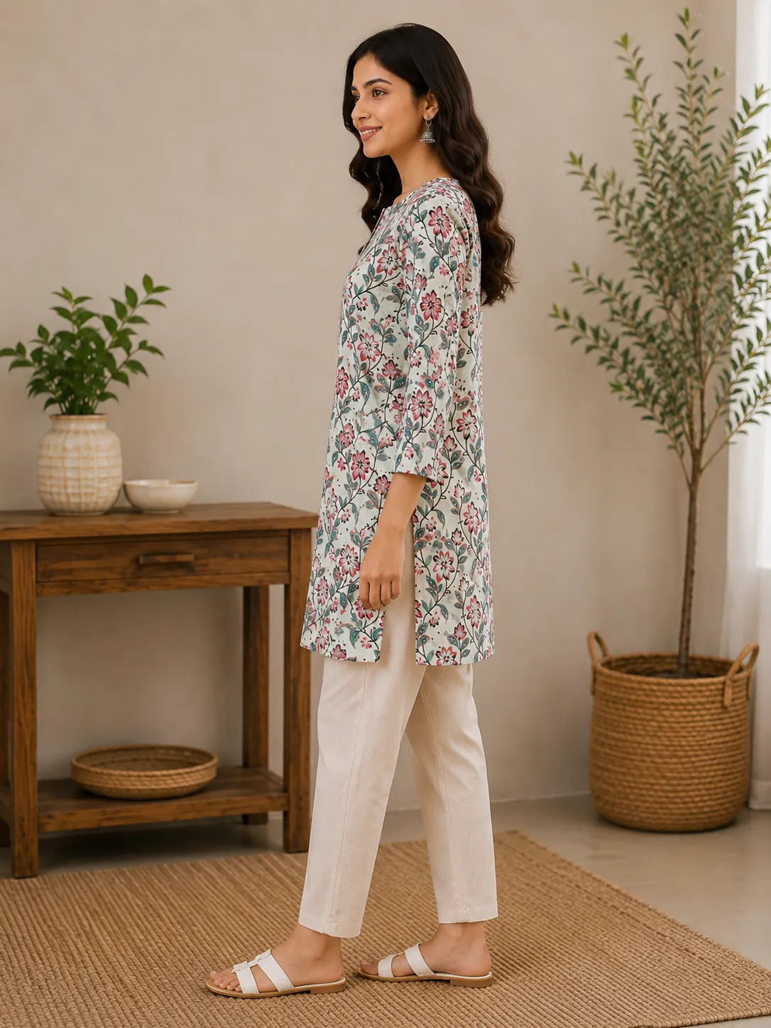 Women’s White Floral Printed Cotton Kurti - Image 3