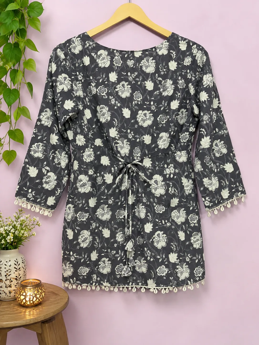 Charcoal Grey Floral Print Square Neck Short Kurti for Women - Image 6