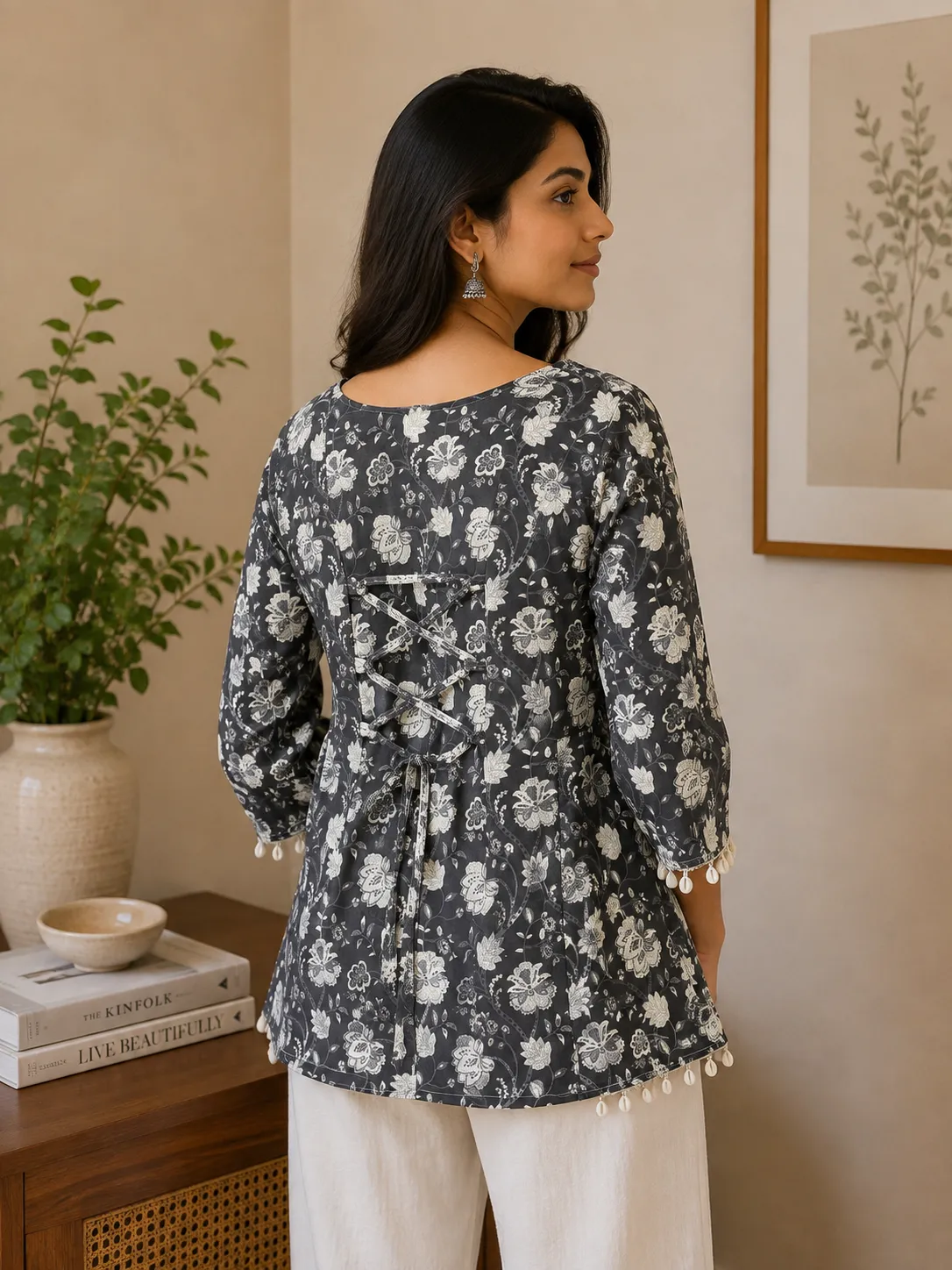 Charcoal Grey Floral Print Square Neck Short Kurti for Women - Image 7