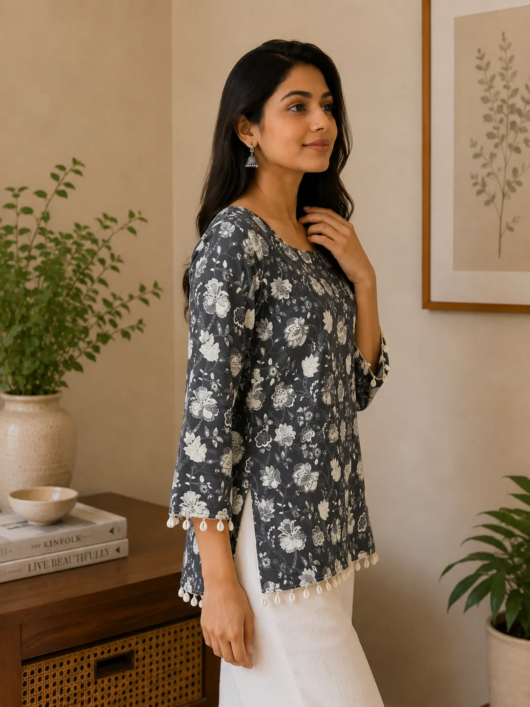 Charcoal Grey Floral Print Square Neck Short Kurti for Women - Image 5