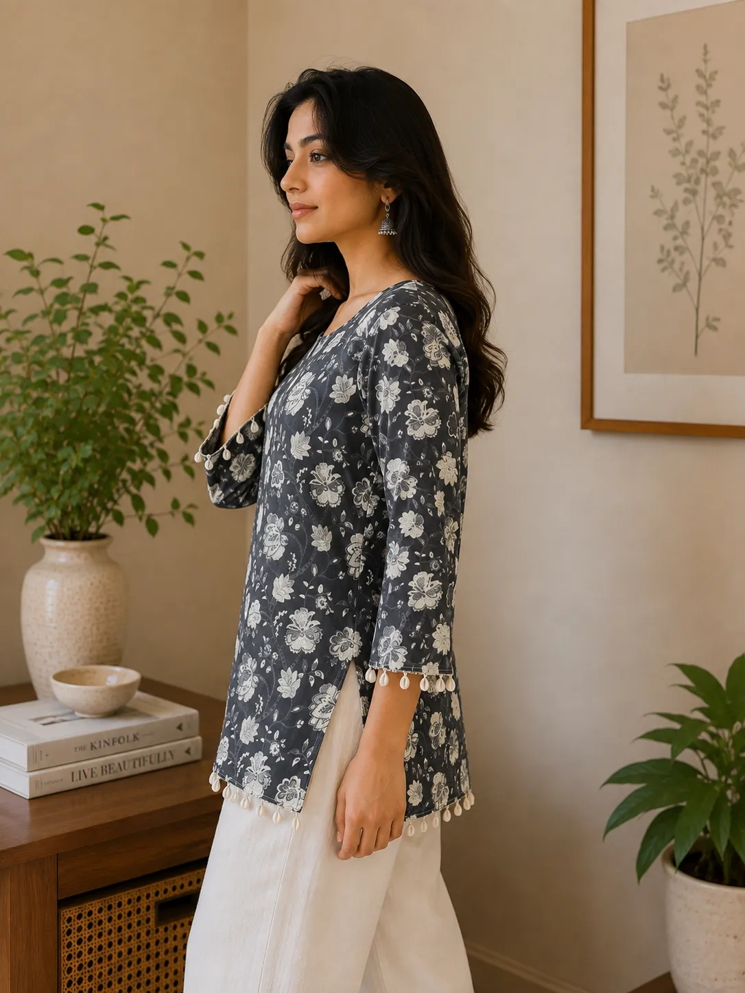 Charcoal Grey Floral Print Square Neck Short Kurti for Women - Image 4
