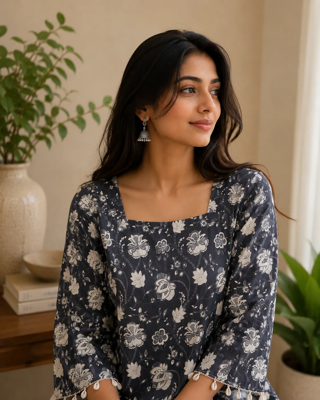 Charcoal Grey Floral Print Square Neck Short Kurti for Women - Image 3