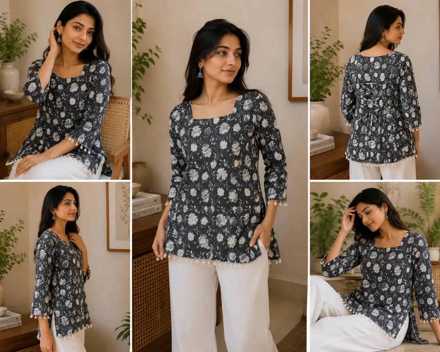 Charcoal Grey Floral Print Square Neck Short Kurti for Women - Image 2