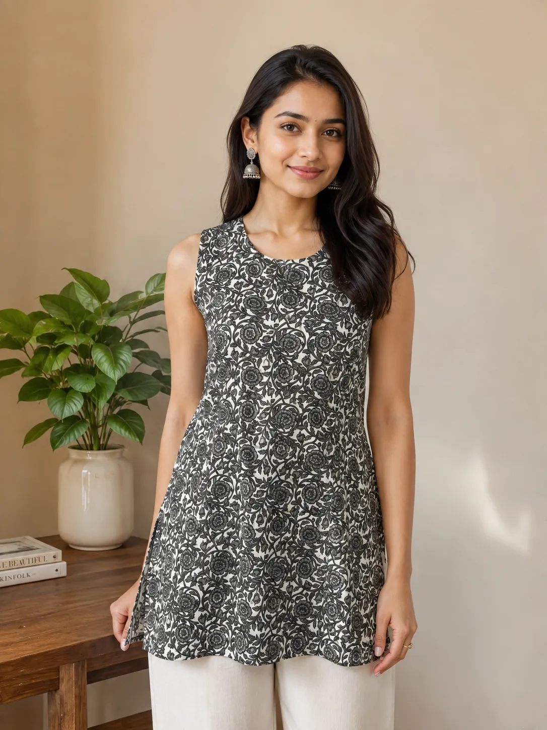 lvory Black Floral Printed Sleeveless Flared Kurti for Women