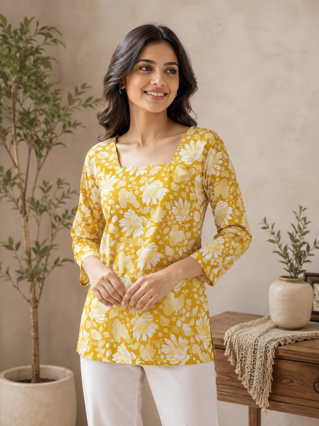 Women’s Mustard Yellow Floral Printed Cotton Kurti