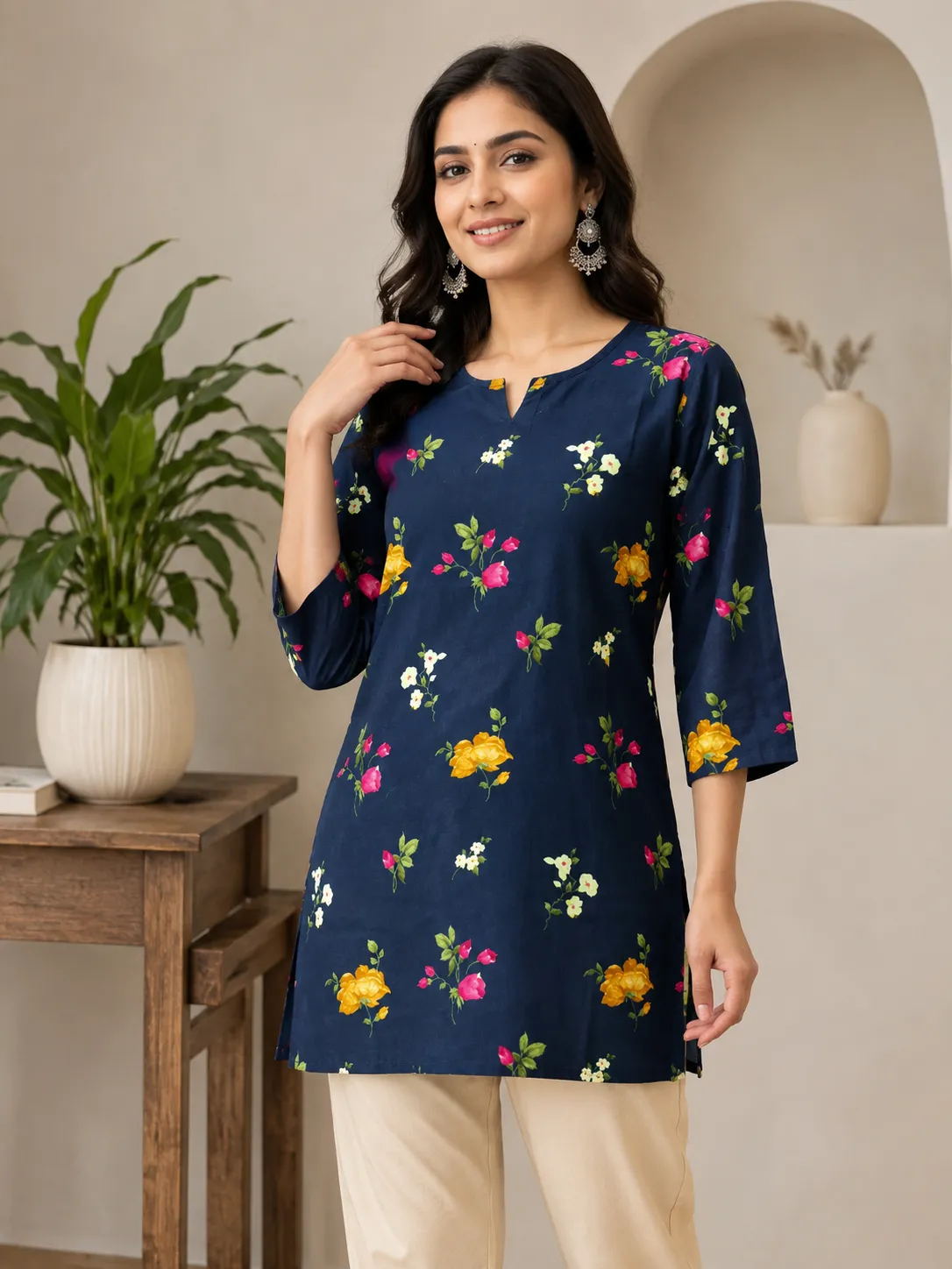 Women’s Navy Blue Floral Printed Cotton Kurti