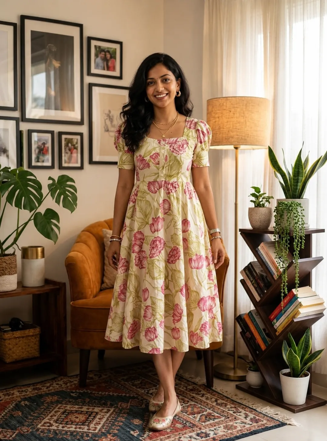Women’s Cream Floral Printed Cotton Midi Dress