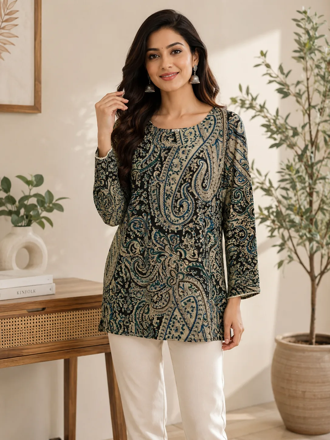 Black & Teal Paisley Print Round Neck Short Kurti for Women