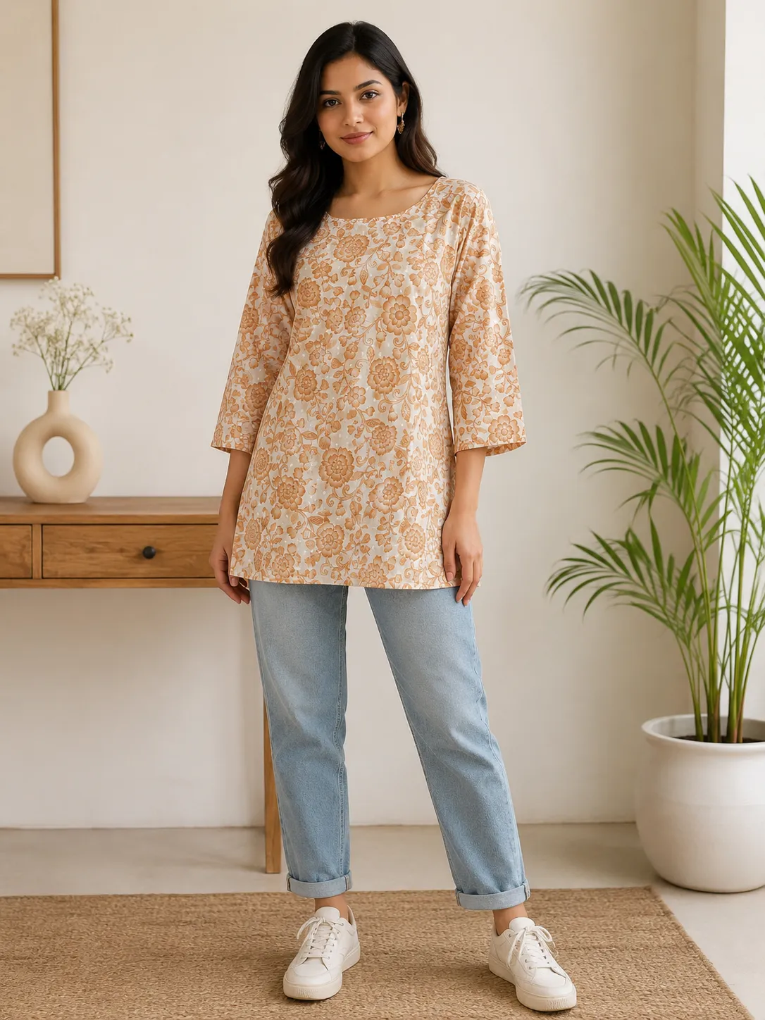 Women’s Cream Floral Printed Cotton Kurti