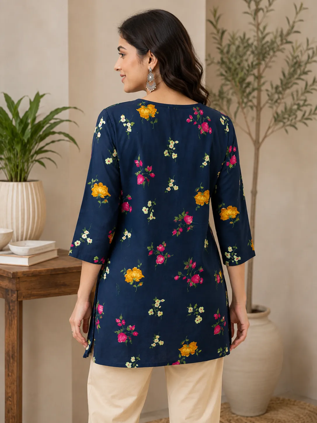Women’s Navy Blue Floral Printed Cotton Kurti - Image 4