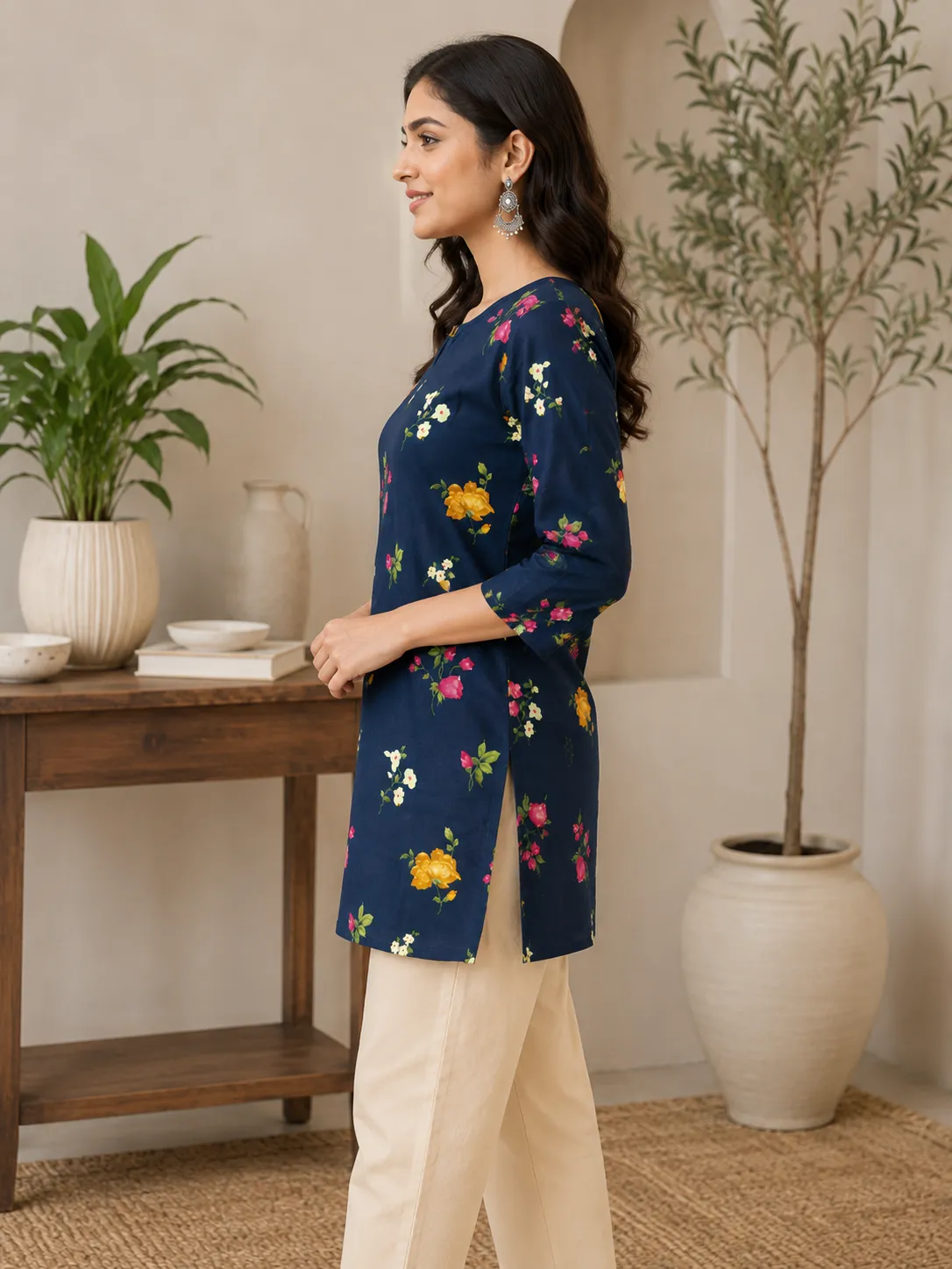 Women’s Navy Blue Floral Printed Cotton Kurti - Image 7