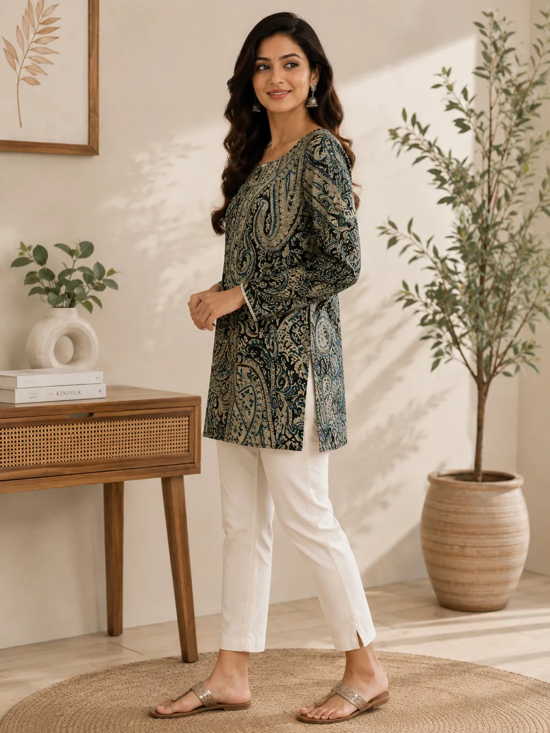 Black & Teal Paisley Print Round Neck Short Kurti for Women - Image 6