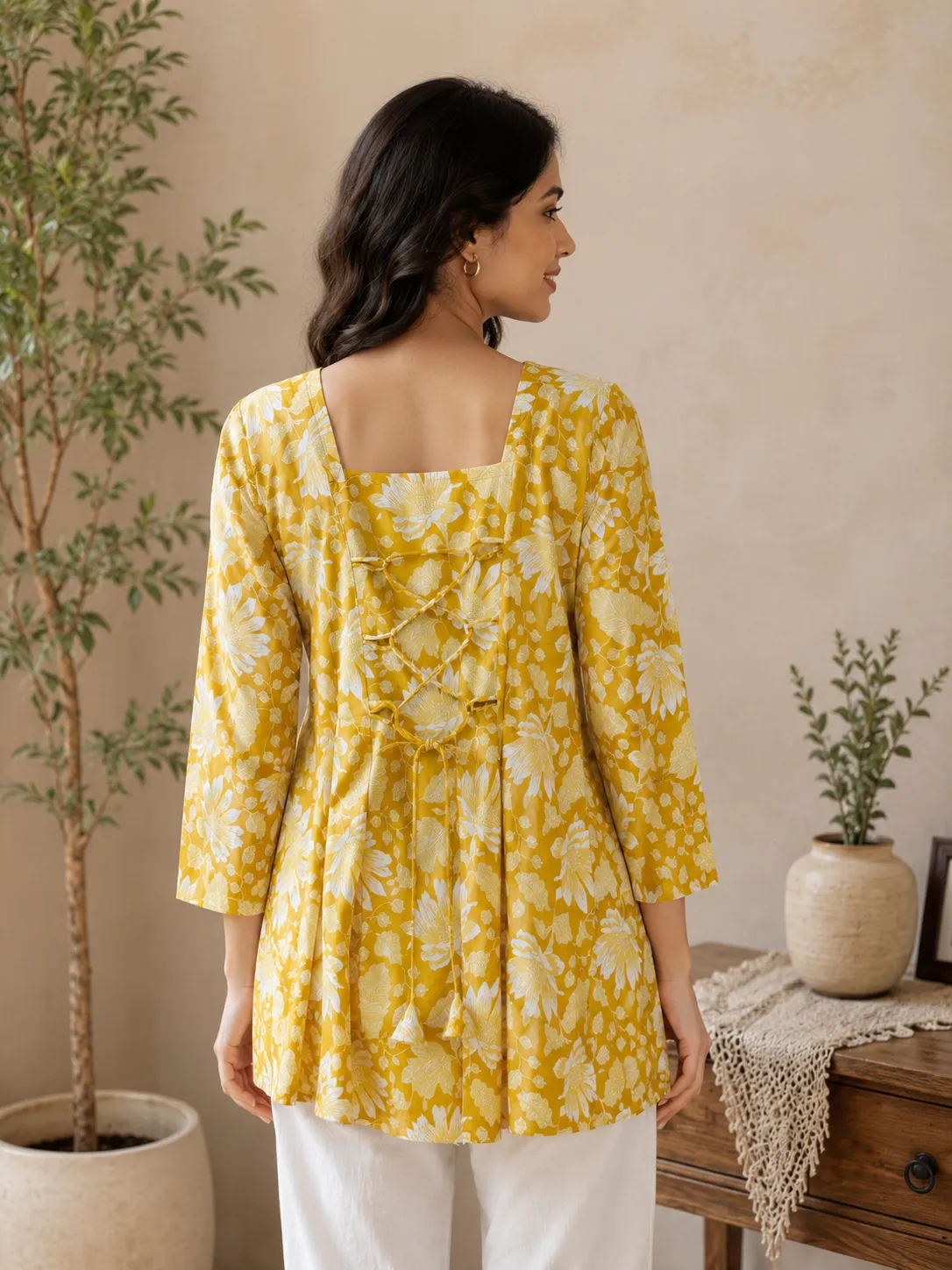 Women’s Mustard Yellow Floral Printed Cotton Kurti - Image 2