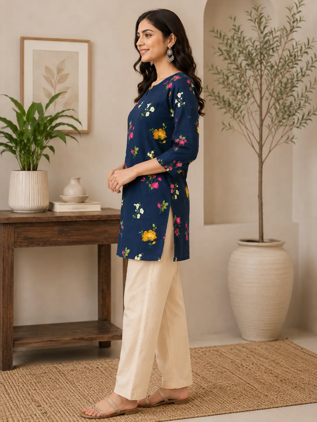 Women’s Navy Blue Floral Printed Cotton Kurti - Image 5