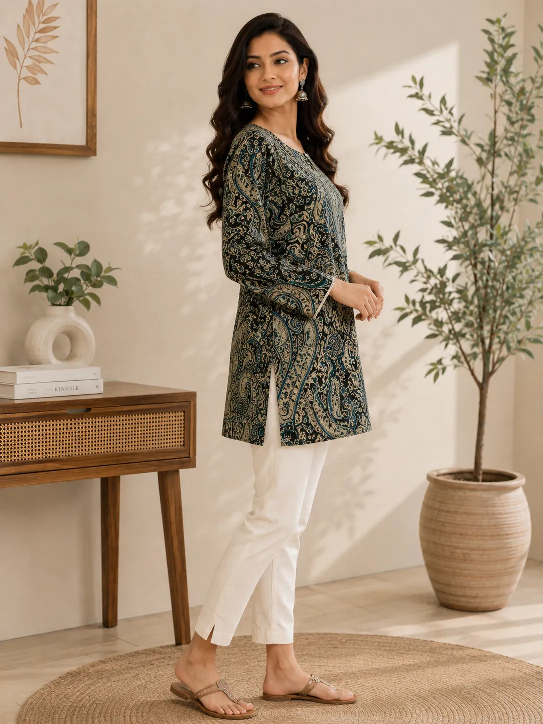 Black & Teal Paisley Print Round Neck Short Kurti for Women - Image 2