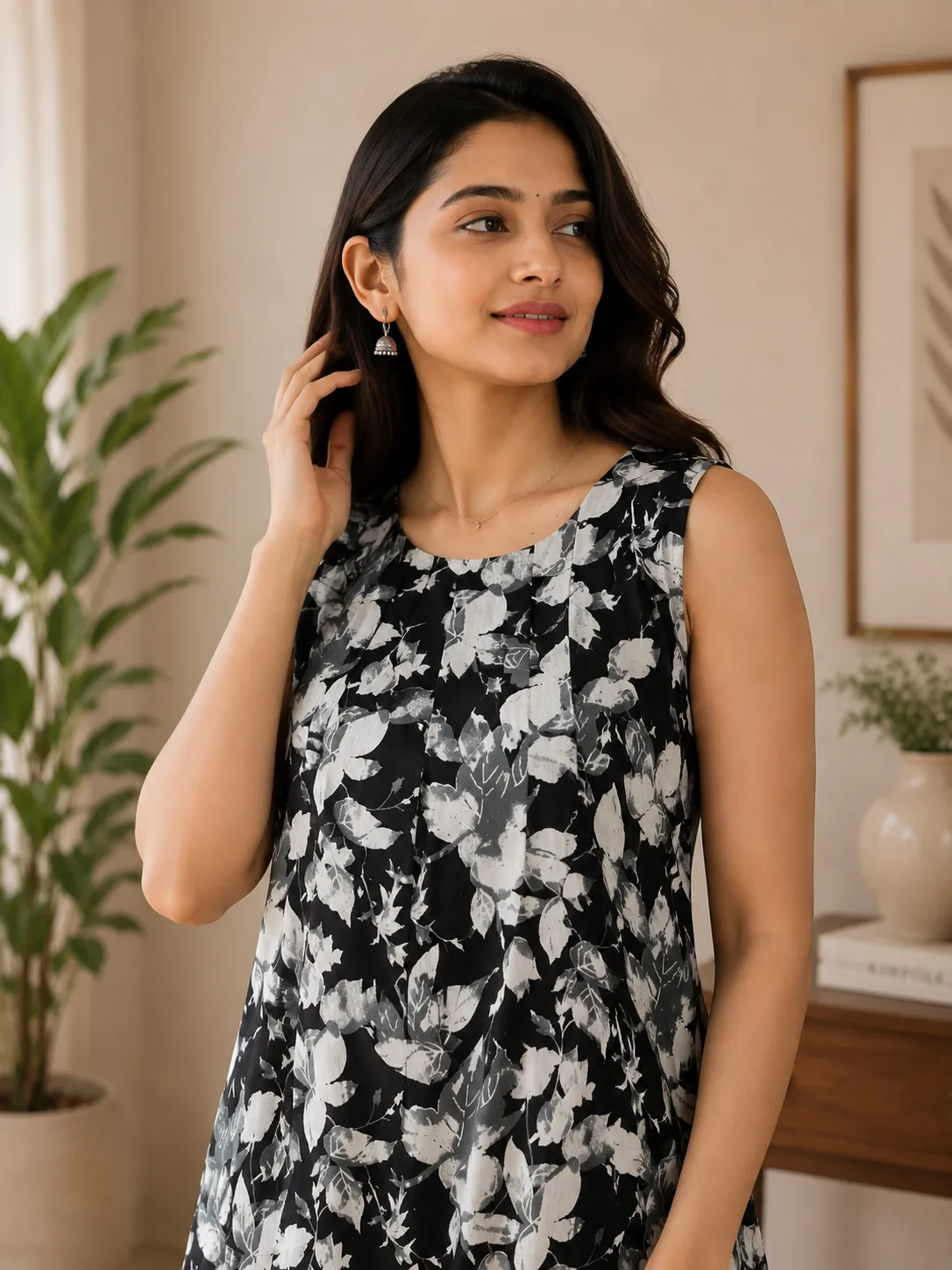 Black & White Floral Print Sleeveless Short Kurti for Women - Image 3