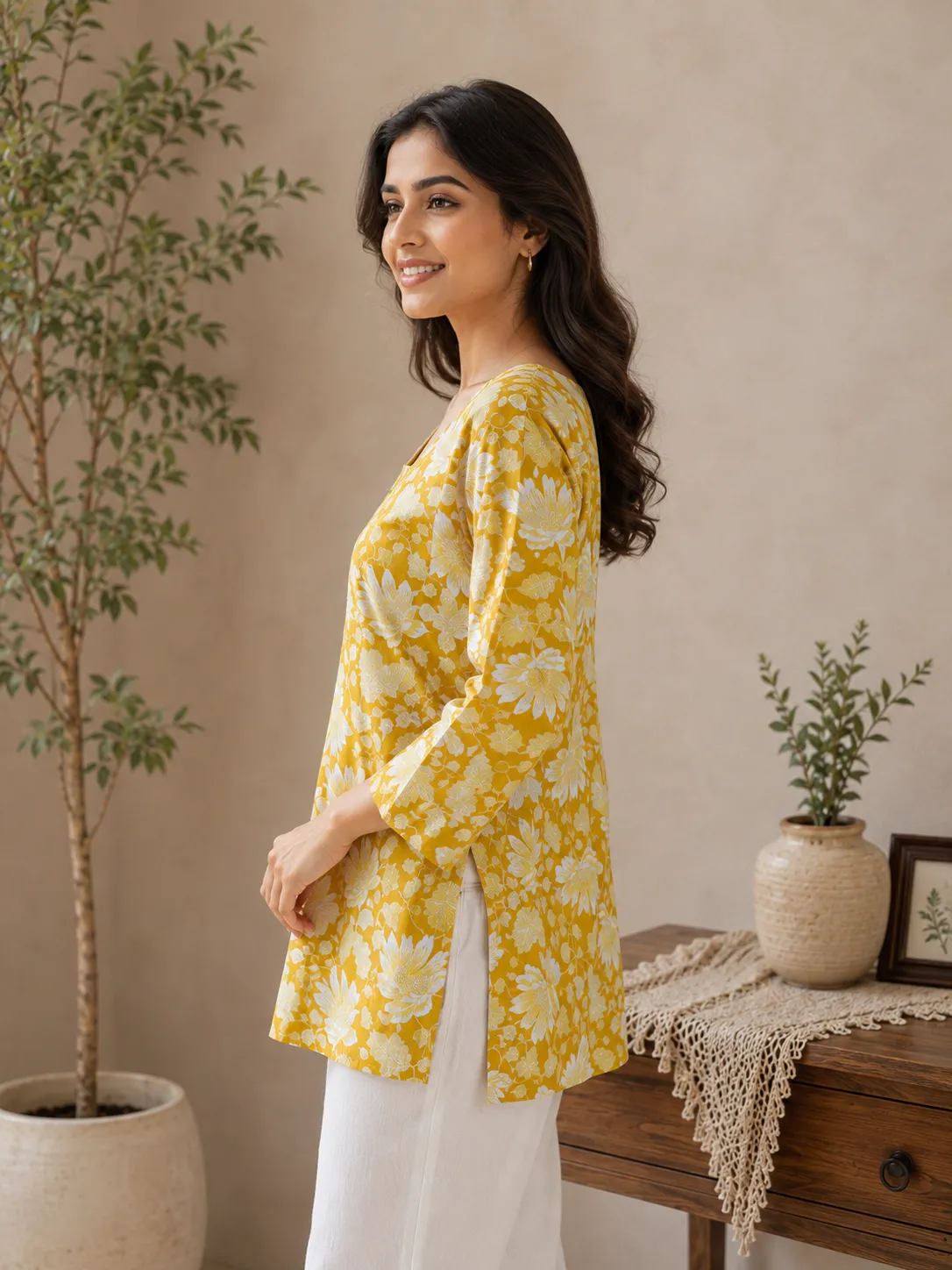 Women’s Mustard Yellow Floral Printed Cotton Kurti - Image 3