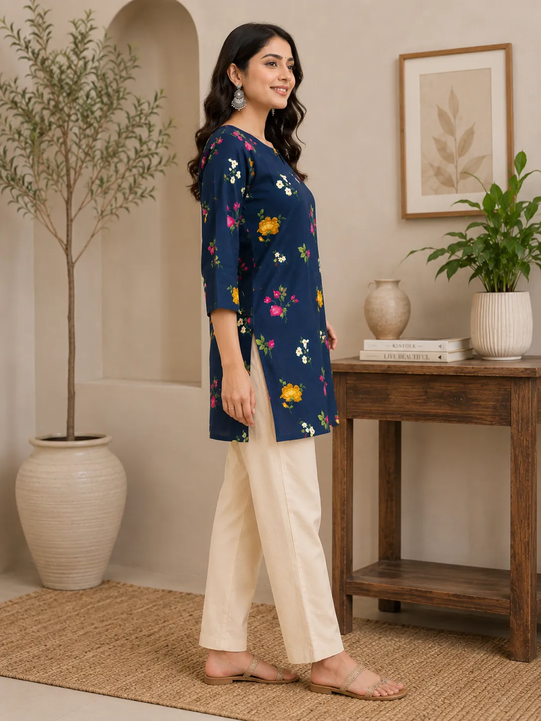Women’s Navy Blue Floral Printed Cotton Kurti - Image 3