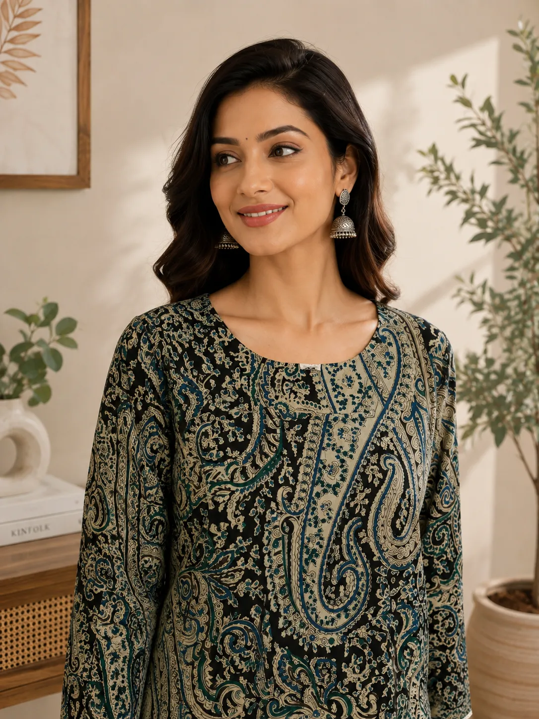 Black & Teal Paisley Print Round Neck Short Kurti for Women - Image 4