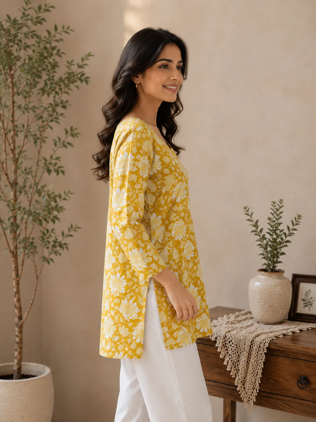 Women’s Mustard Yellow Floral Printed Cotton Kurti - Image 4