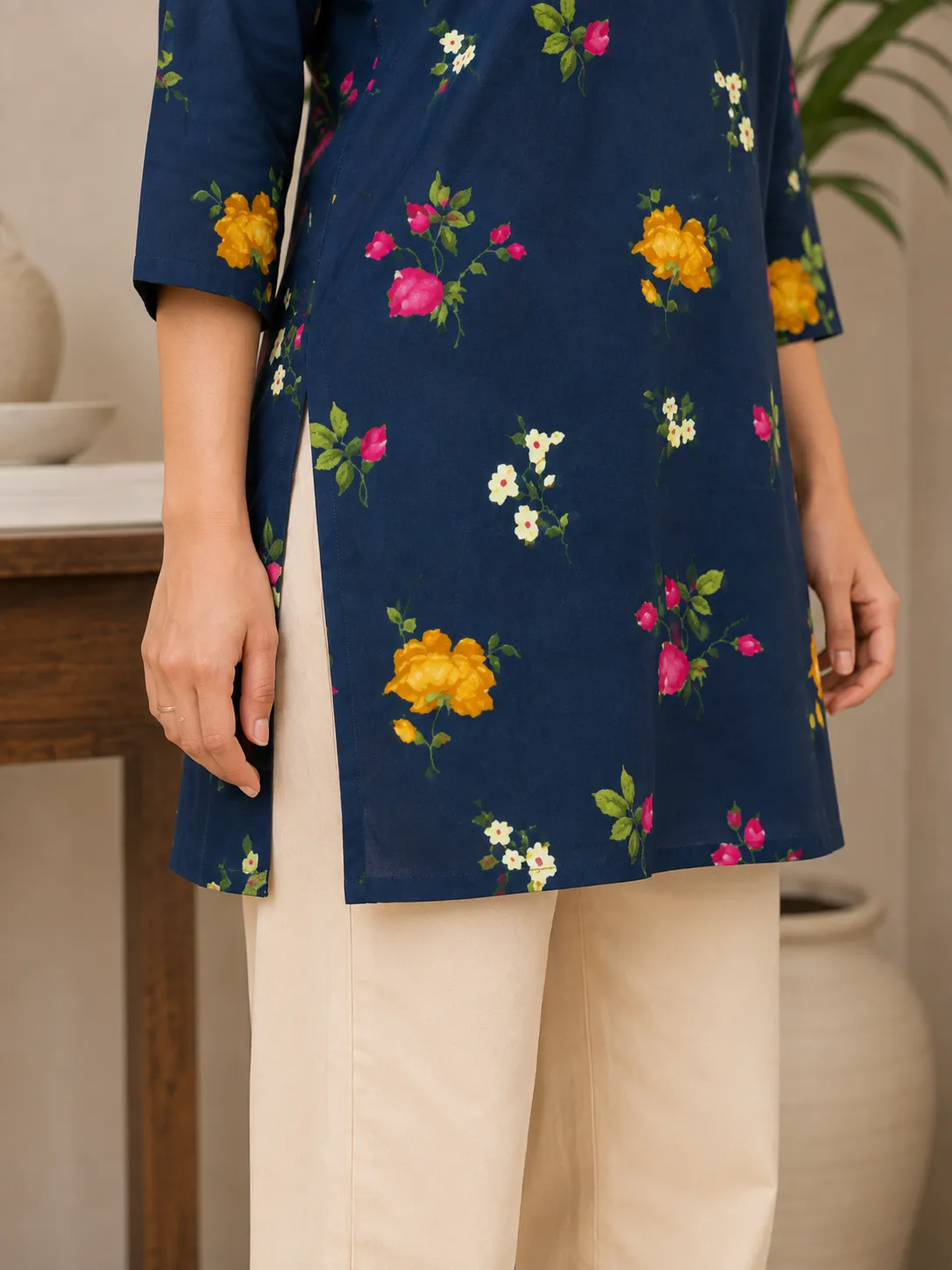 Women’s Navy Blue Floral Printed Cotton Kurti - Image 6