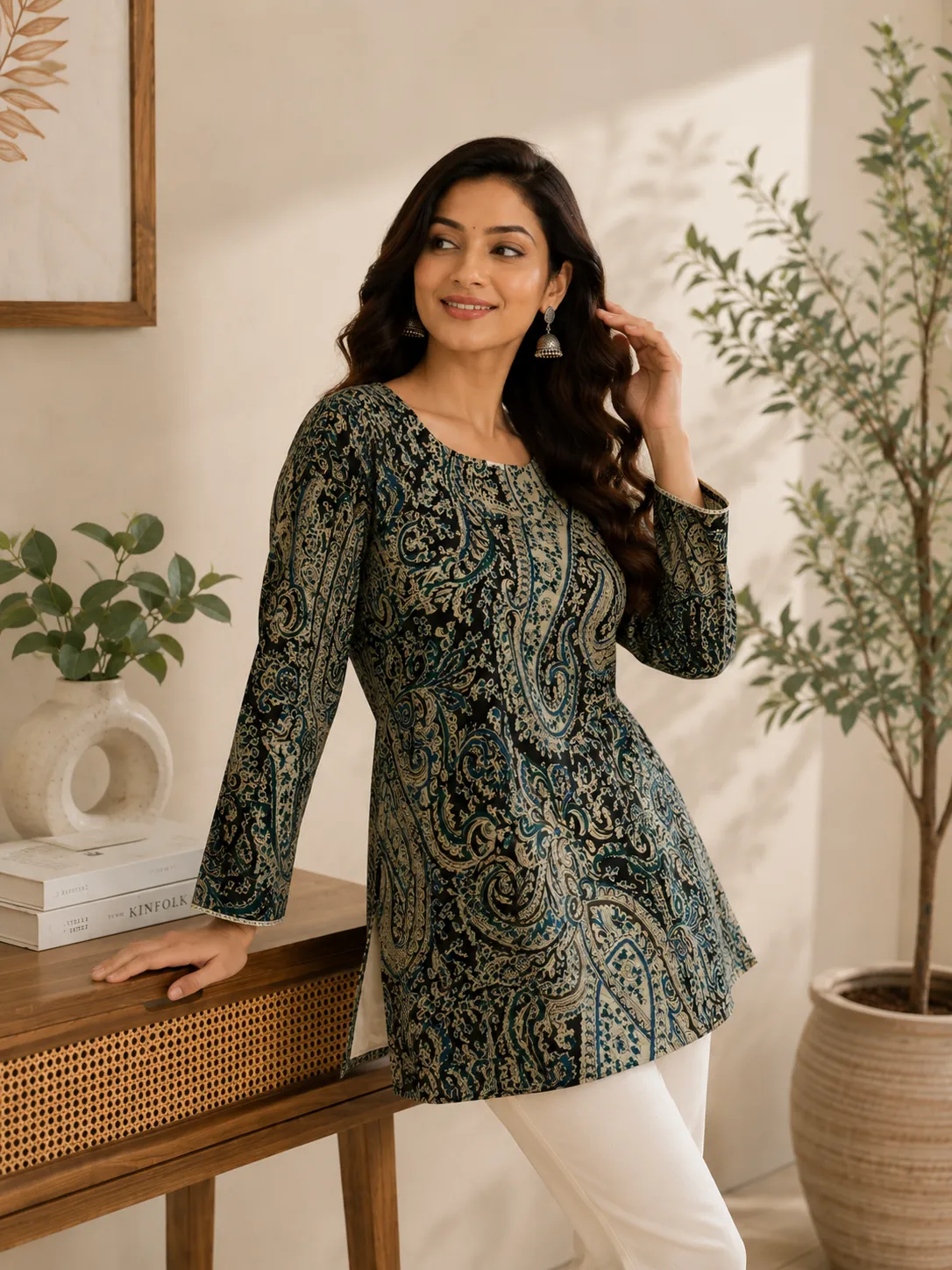 Black & Teal Paisley Print Round Neck Short Kurti for Women - Image 3